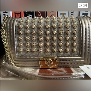 Elegant Embellished Pearl w/ Gold Chain, Bronzy Shoulder Crossbody Bag ✨